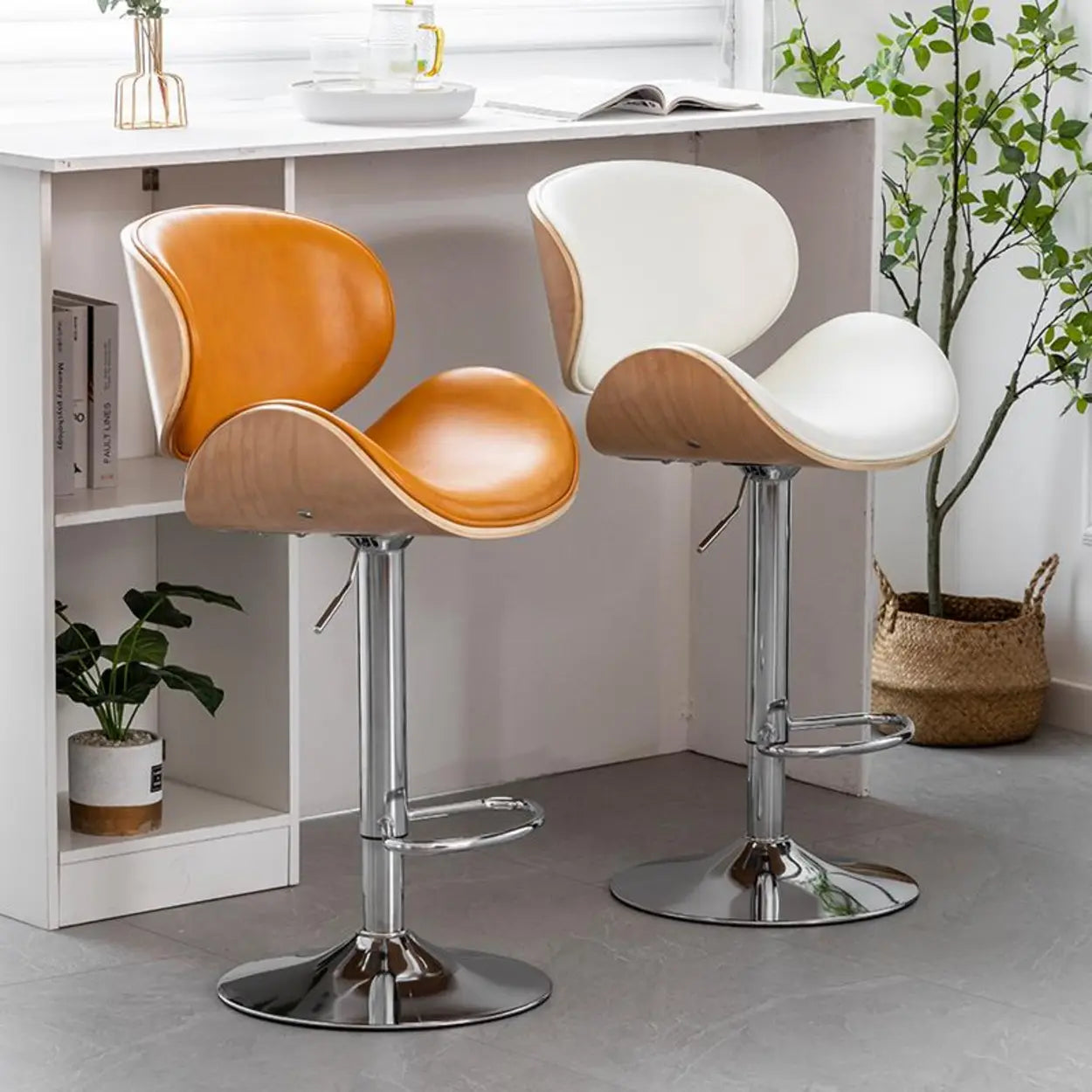Adjustable Swivel Leather Curved-Back Bar Stool — Brownish Yellow / Black / Cow Leather