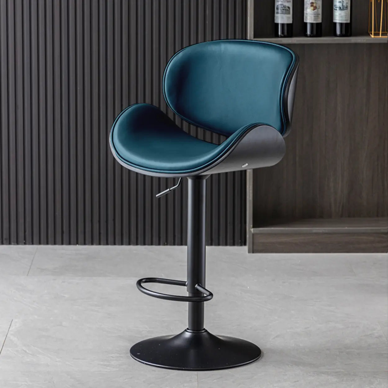 Adjustable Swivel Leather Curved-Back Bar Stool — Blue / Black / Cow Leather
