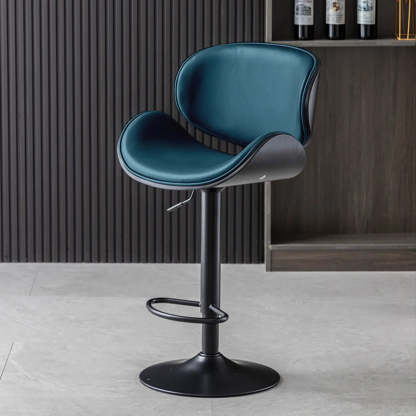 Adjustable Swivel Leather Curved-Back Bar Stool — Blue / Black / Cow Leather