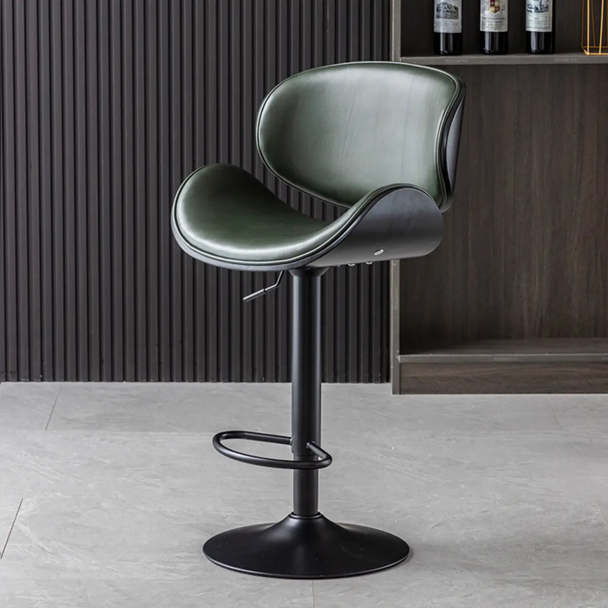 Adjustable Swivel Leather Curved-Back Bar Stool — Blackish Green / Black / Cow Leather