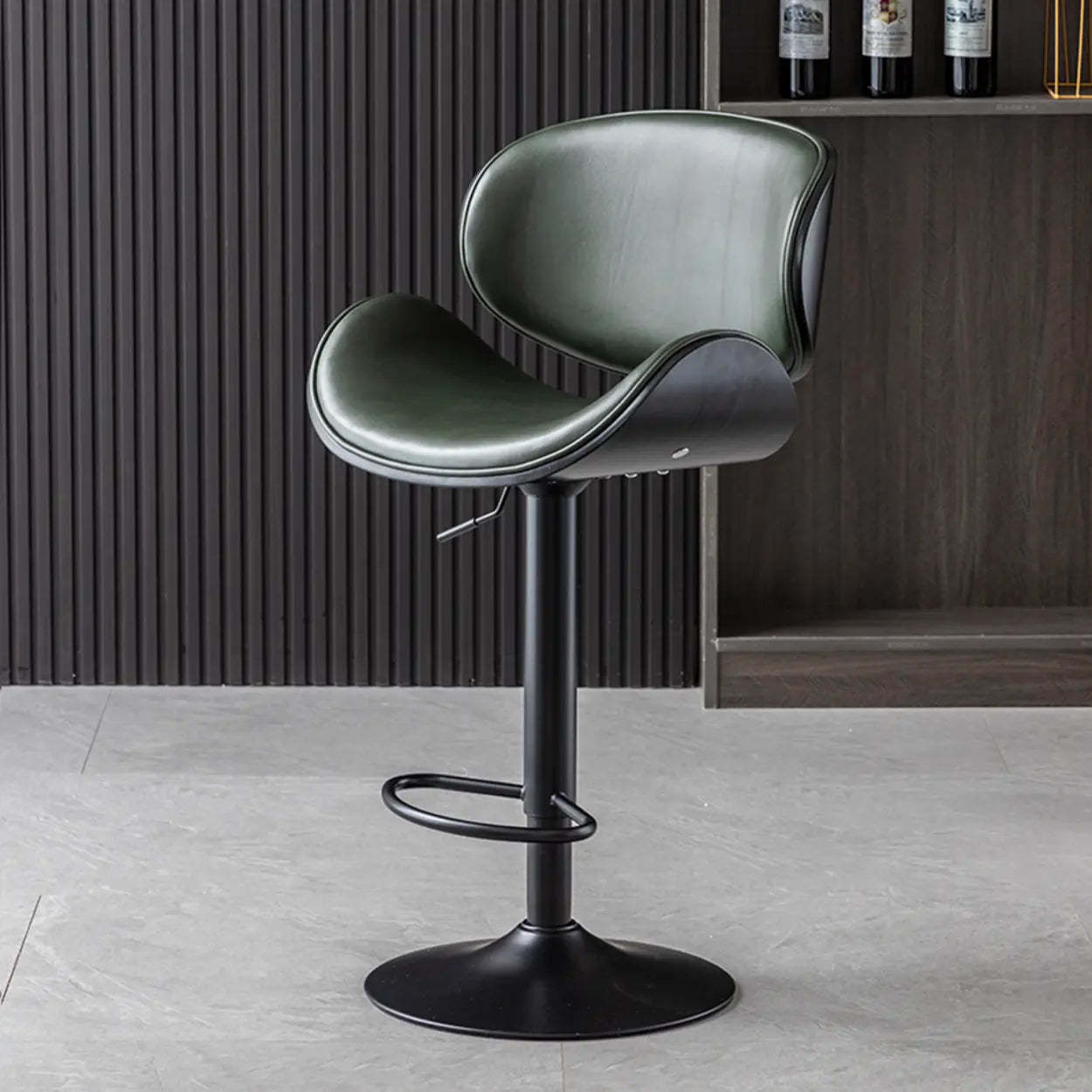 Adjustable Swivel Leather Curved-Back Bar Stool — Blackish Green / Black / Cow Leather