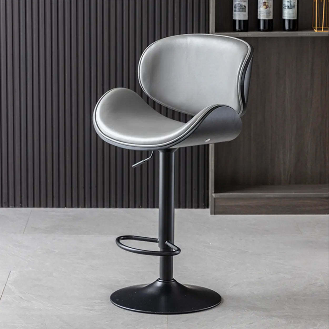 Adjustable Swivel Leather Curved-Back Bar Stool — Purple / Black / Cow Leather