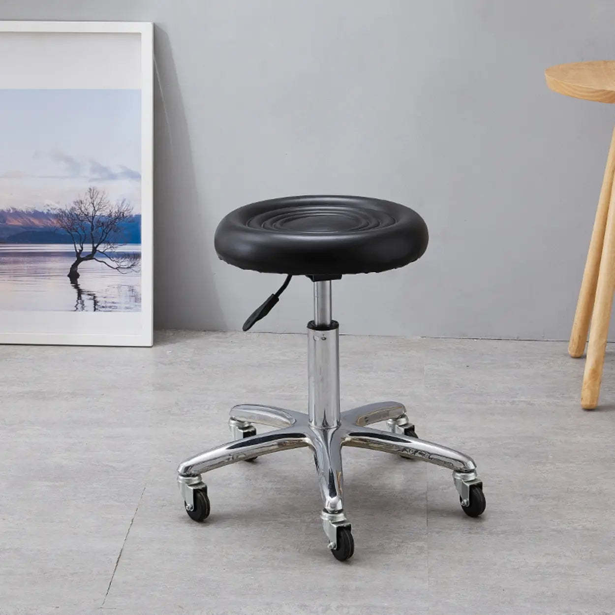 Swivel Round Leather Bar Stool with Wheels — Black