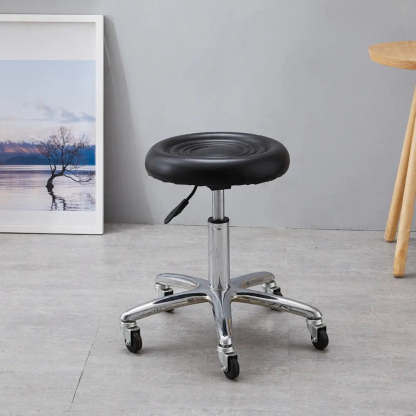 Swivel Round Leather Bar Stool with Wheels — Black
