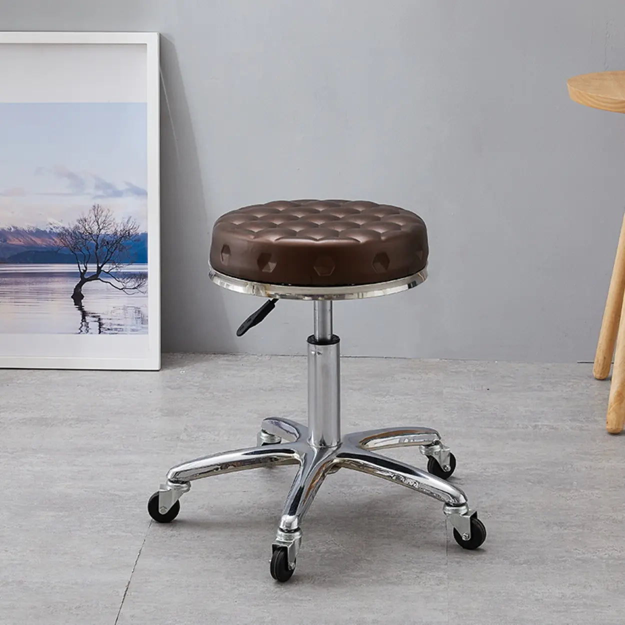 Swivel Round Leather Bar Stool with Wheels — Dark Brown