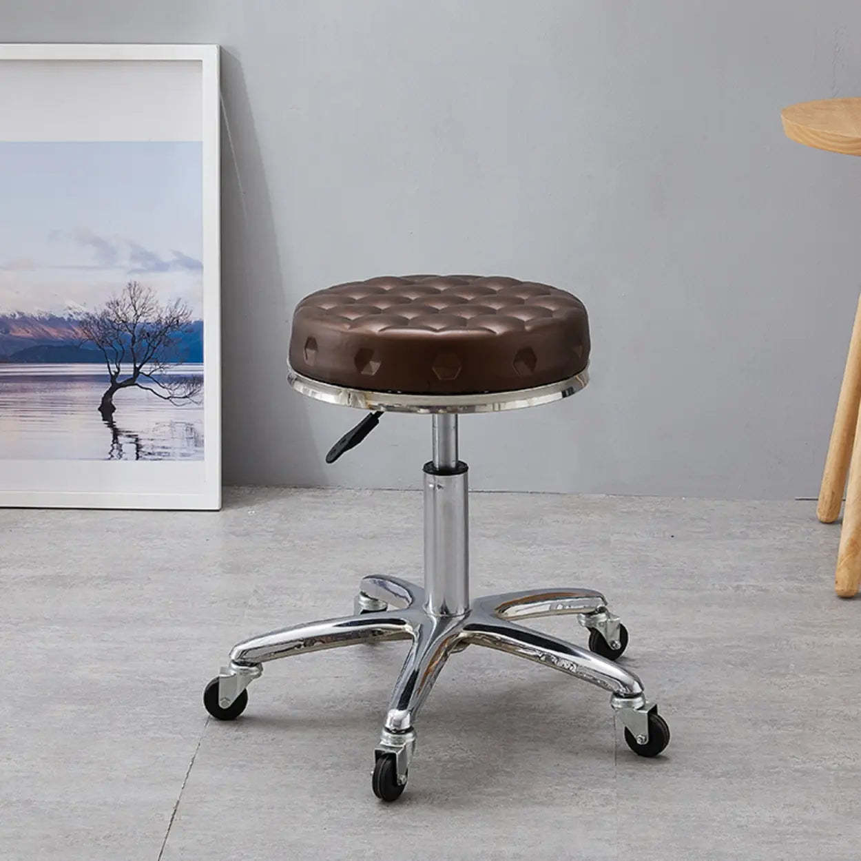 Swivel Round Leather Bar Stool with Wheels — Dark Brown