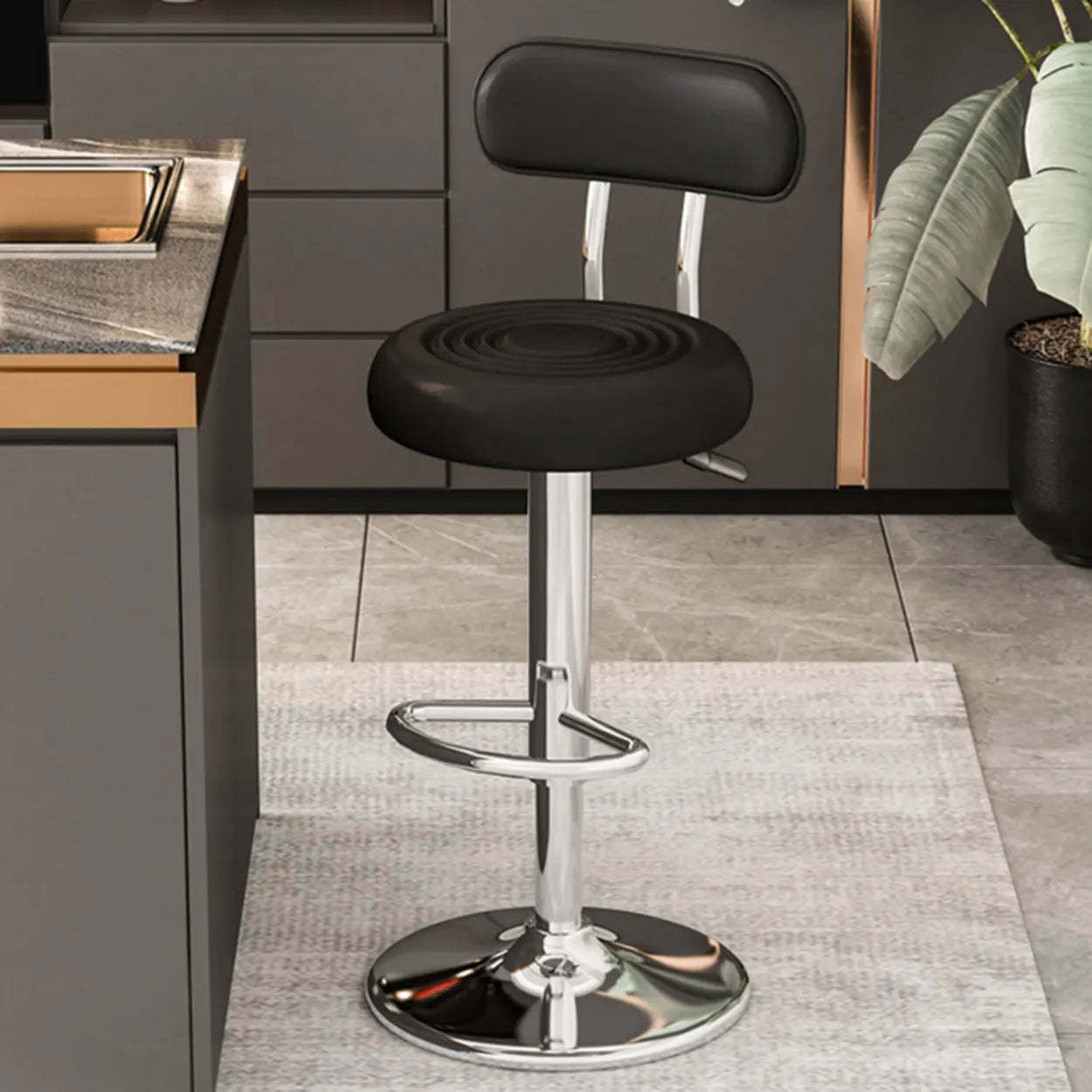 Adjustable Round Leather Low-Back Swivel Bar Stool — Black / Silver