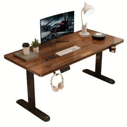 Adjustable Walnut Wood T-Shape Standing Desk — Without Chairs / Black-White