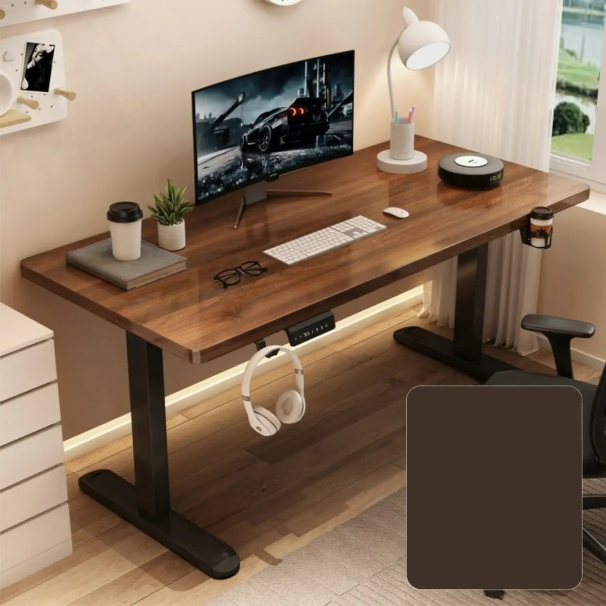 Adjustable Walnut Wood T-Shape Standing Desk — Without Chairs / Natural/ White