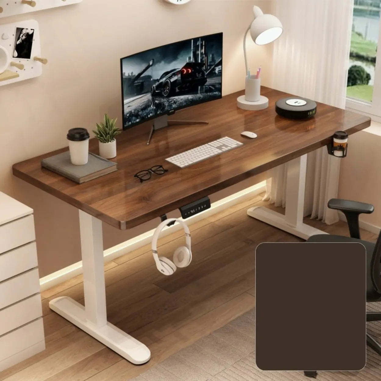 Adjustable Walnut Wood T-Shape Standing Desk — Without Chairs / Walnut/ White