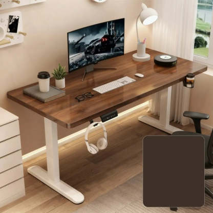 Adjustable Walnut Wood T-Shape Standing Desk — Without Chairs / Walnut/ White