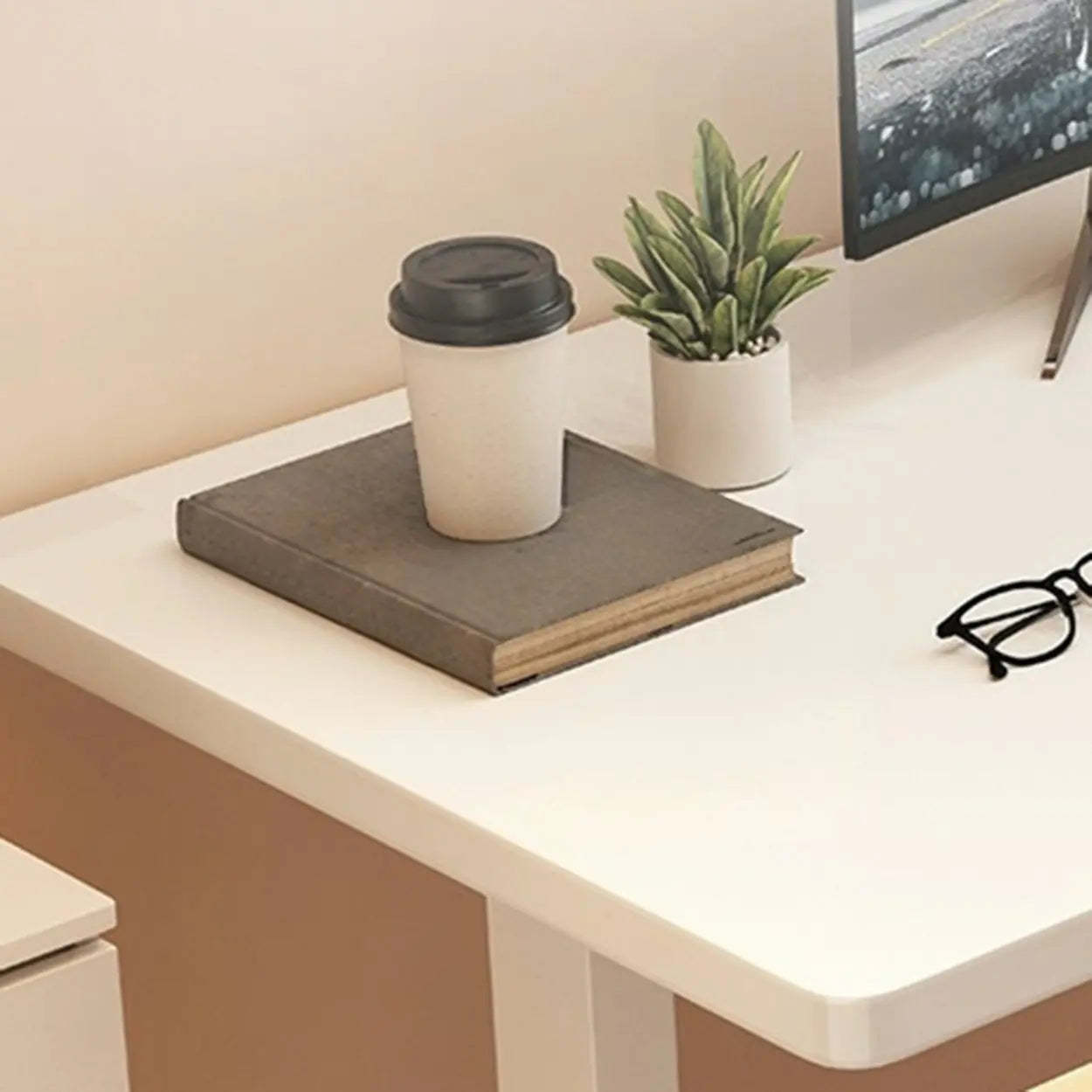 Adjustable Walnut Wood T-Shape Standing Desk — Without Chairs / White-Black