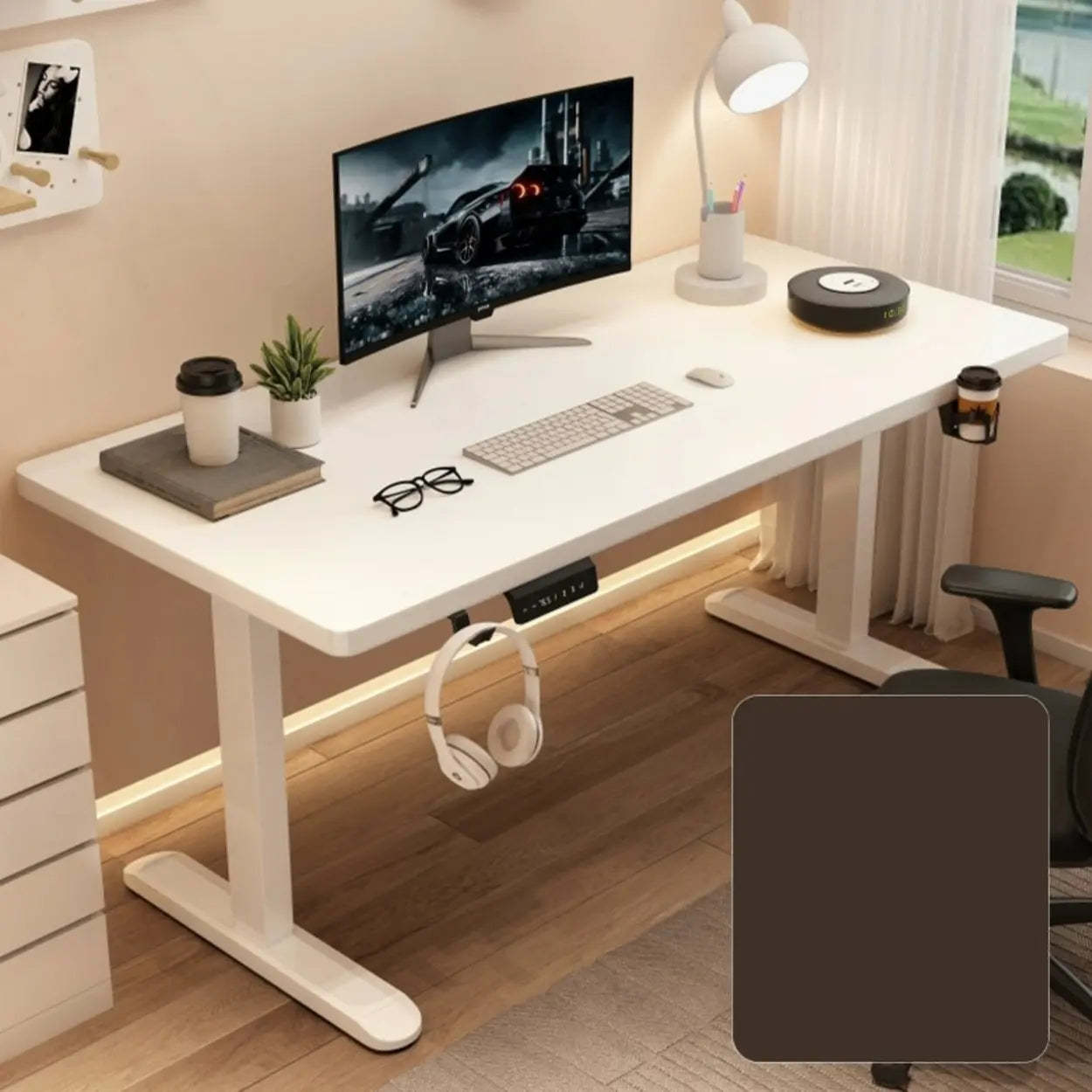 Adjustable Walnut Wood T-Shape Standing Desk — Without Chairs / White-White