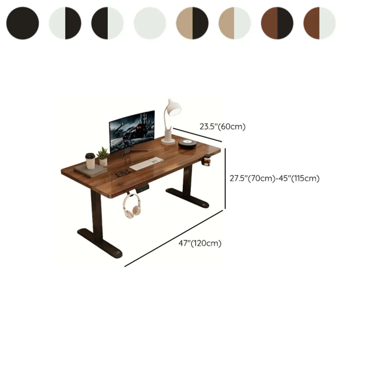 Adjustable Walnut Wood T-Shape Standing Desk — Without Chairs / Black-White