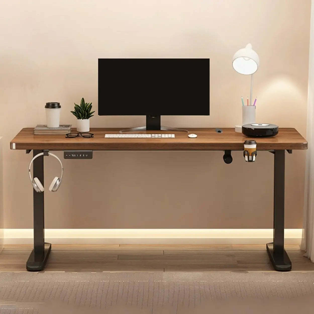 Adjustable Walnut Wood T-Shape Standing Desk — Without Chairs / Black-Black