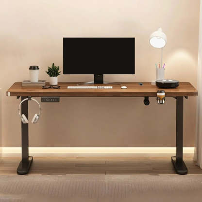 Adjustable Walnut Wood T-Shape Standing Desk — Without Chairs / Black-Black