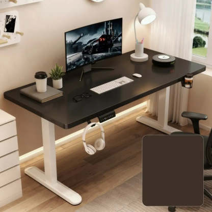Adjustable Walnut Wood T-Shape Standing Desk — Without Chairs / Black-White