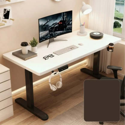 Adjustable Walnut Wood T-Shape Standing Desk — Without Chairs / Natural/ White