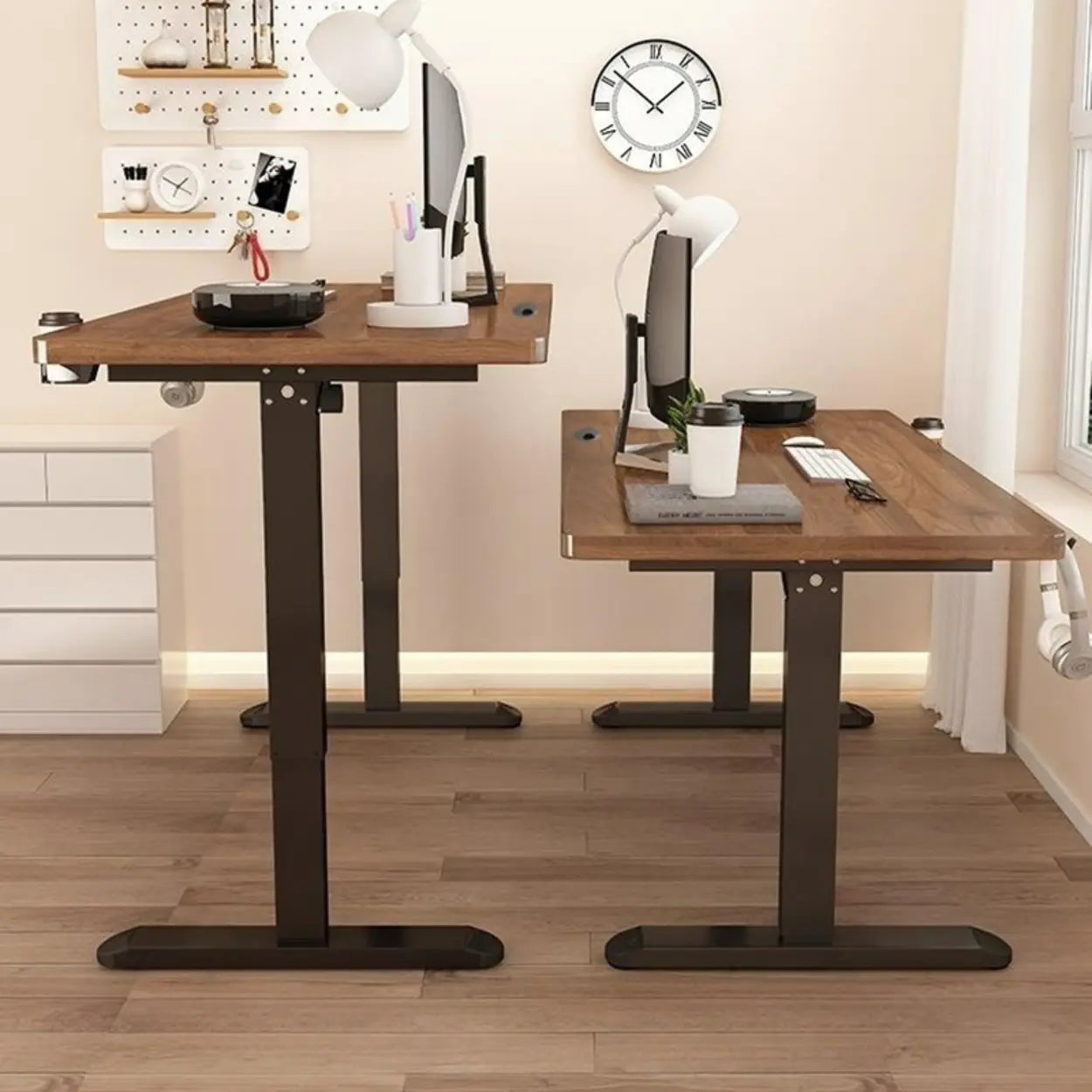 Adjustable Walnut Wood T-Shape Standing Desk — Without Chairs / Walnut/ Black