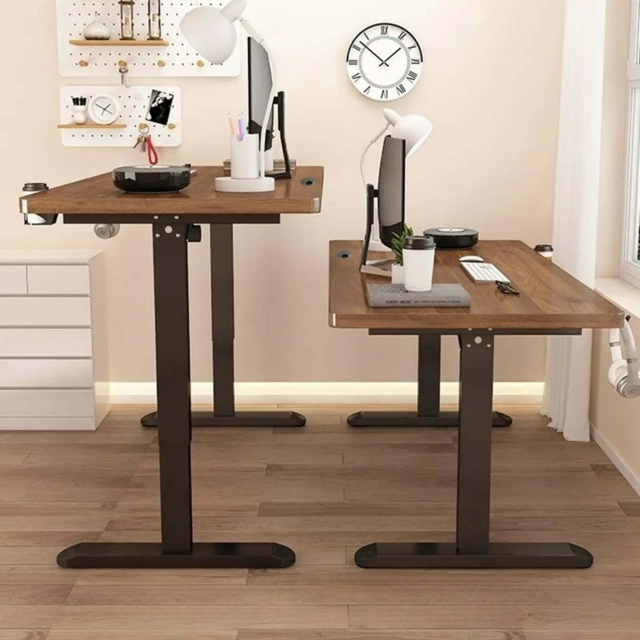 Adjustable Walnut Wood T-Shape Standing Desk — Without Chairs / Walnut/ Black