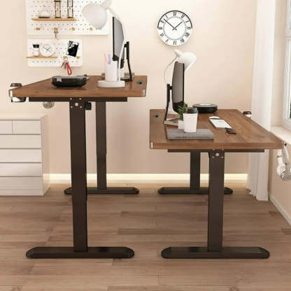 Adjustable Walnut Wood T-Shape Standing Desk — Without Chairs / Walnut/ Black