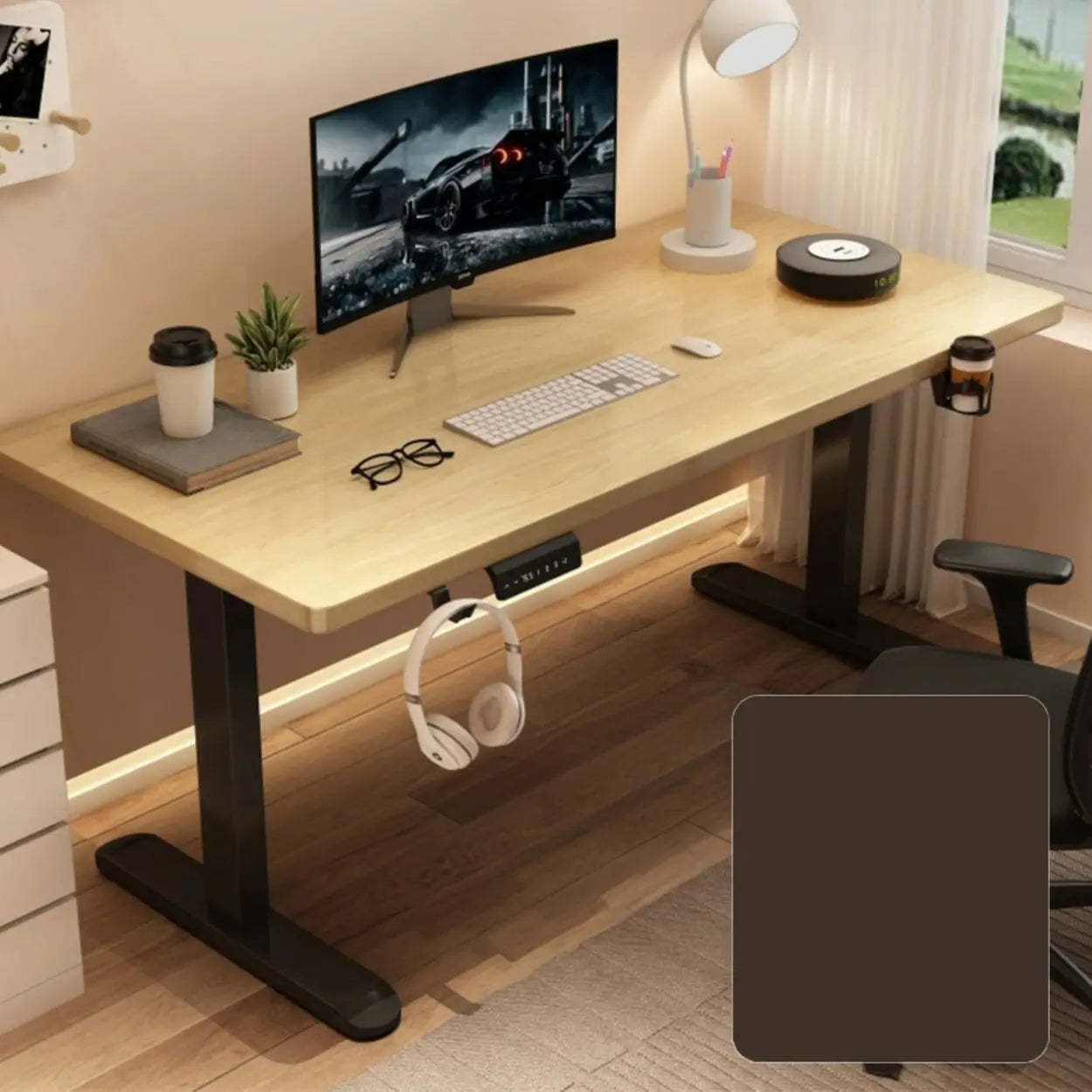 Adjustable Walnut Wood T-Shape Standing Desk — Without Chairs / Walnut/ White