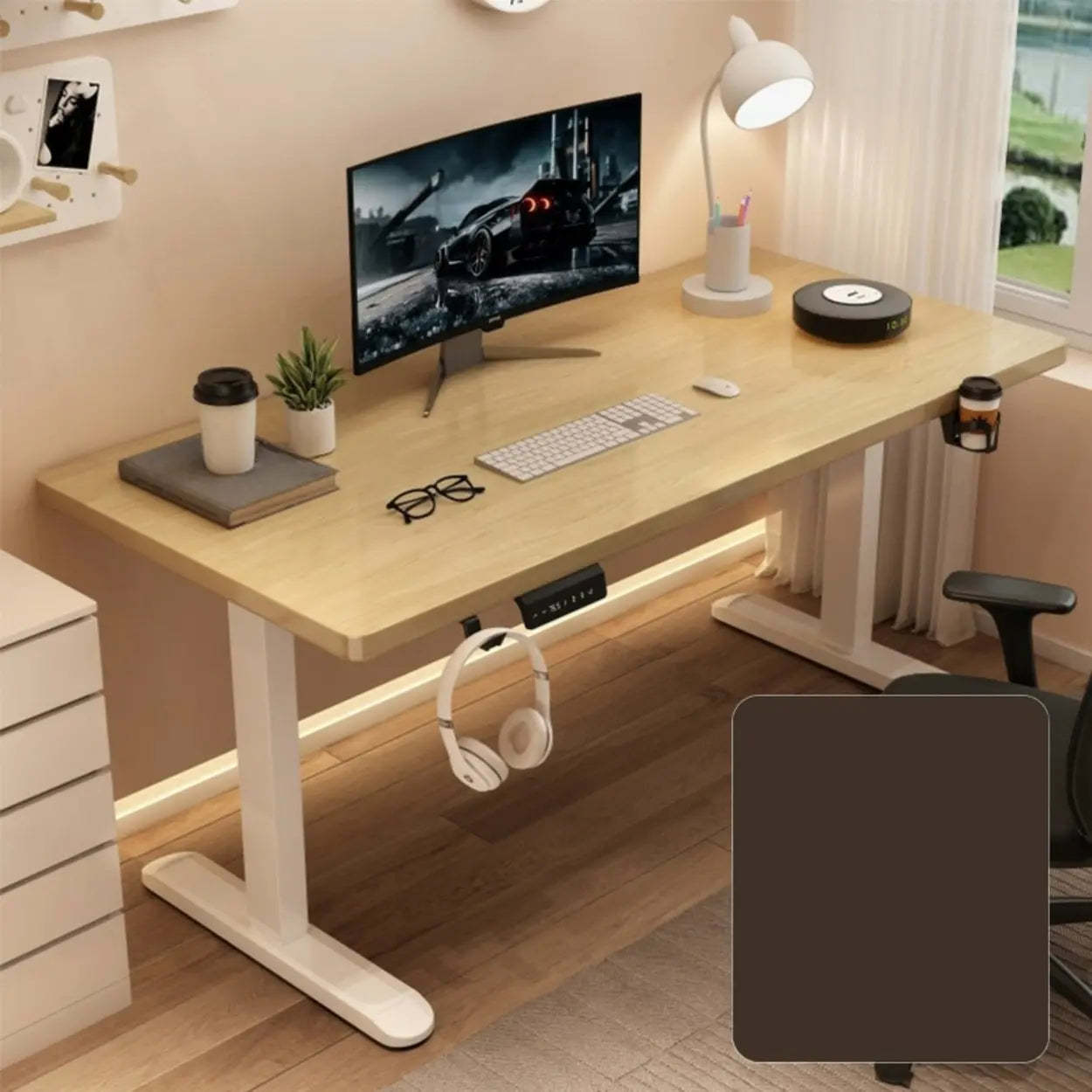 Adjustable Walnut Wood T-Shape Standing Desk — Without Chairs / White-White