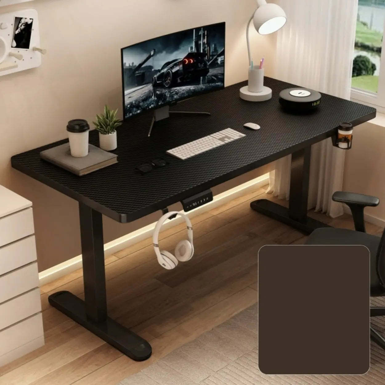 Adjustable Walnut Wood T-Shape Standing Desk — Without Chairs / Black-Black