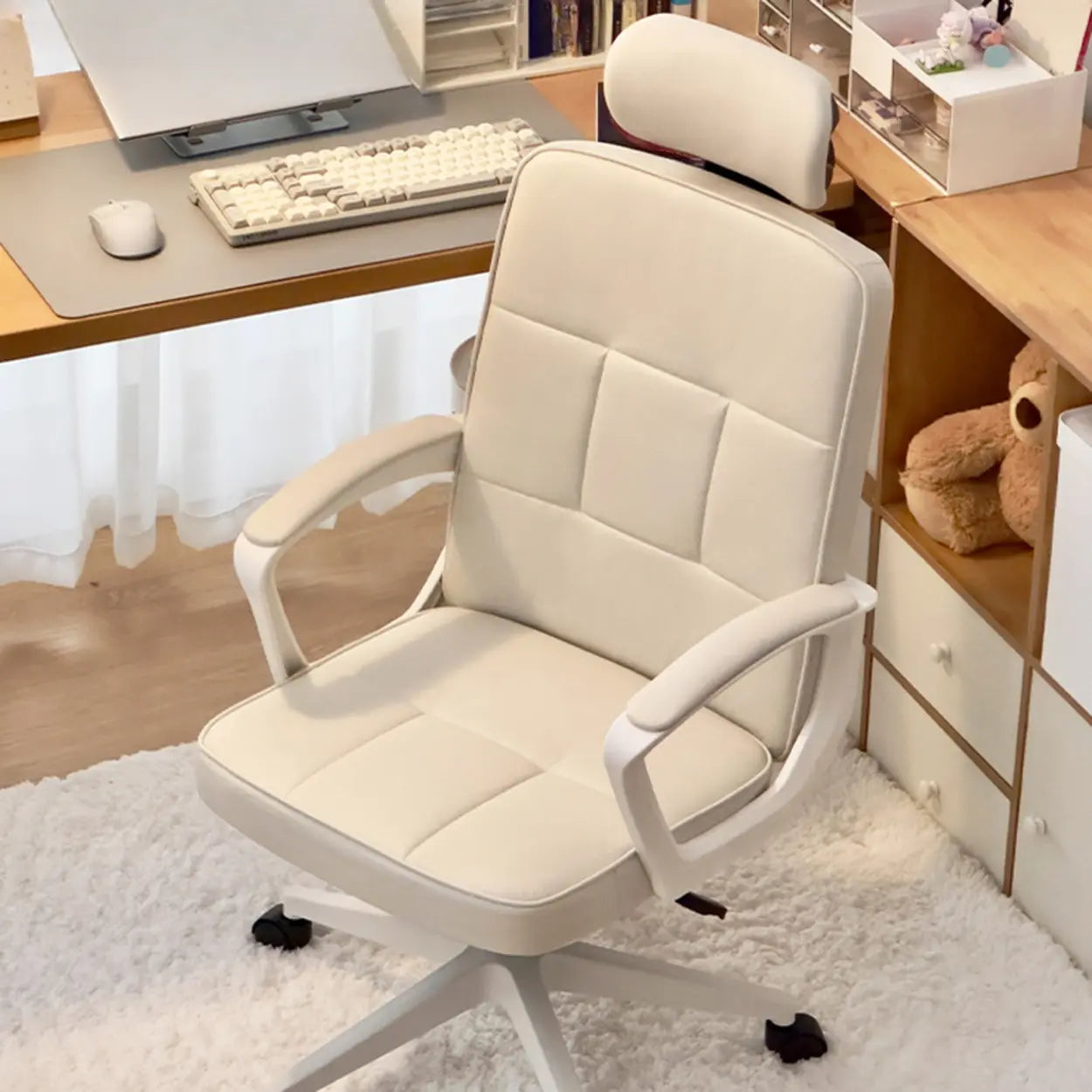 Adjustable White Ergonomic Calfskin Office Chair with Wheels