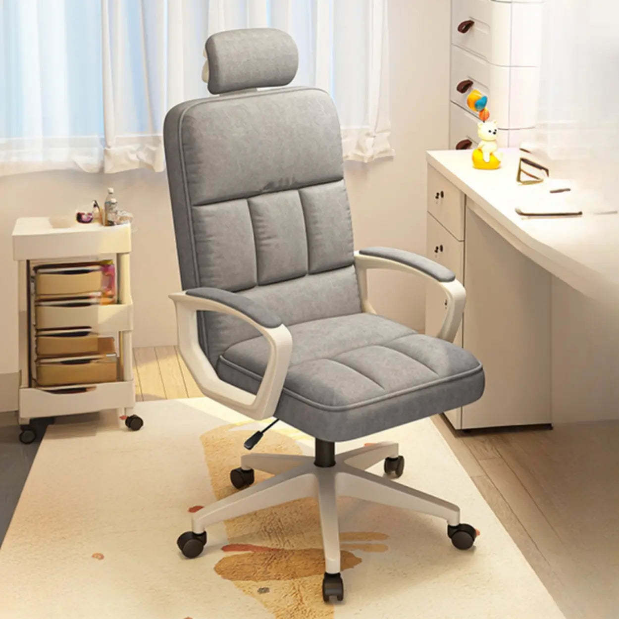Adjustable White Ergonomic Calfskin Office Chair with Wheels