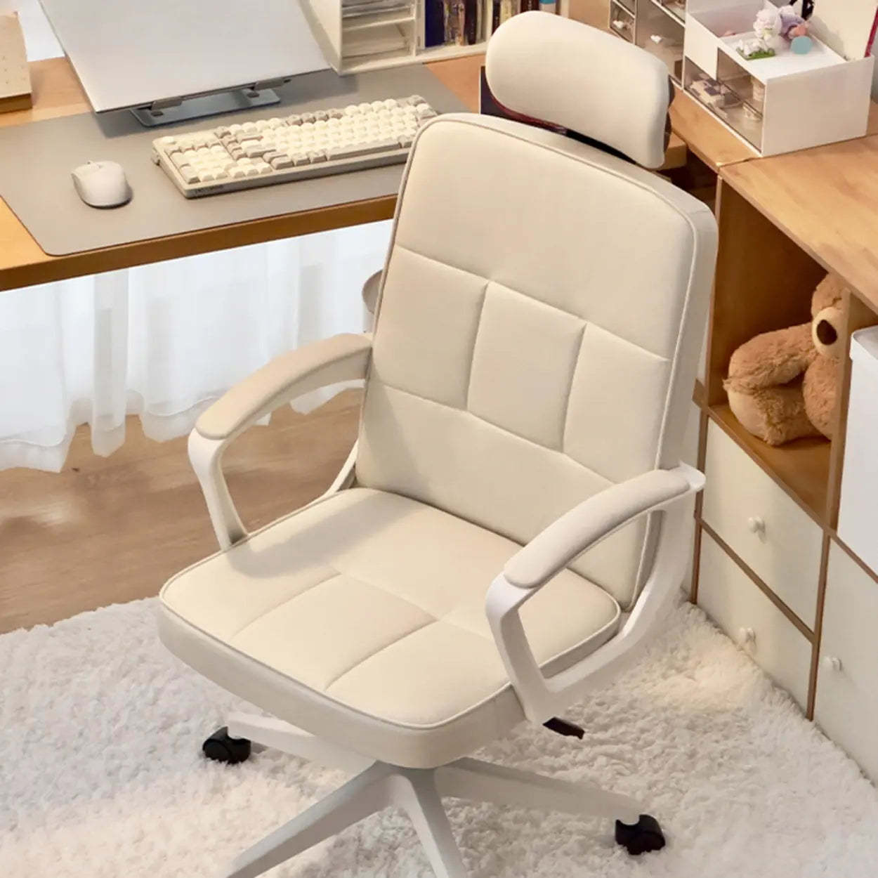 Adjustable White Ergonomic Calfskin Office Chair with Wheels — Black / 3-Stage Gas Lift / With Headrest