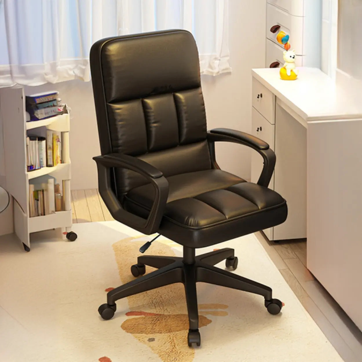 Adjustable White Ergonomic Calfskin Office Chair with Wheels — Black / 1-Stage Gas Lift / With Headrest