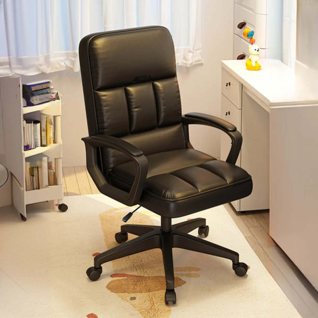 Adjustable White Ergonomic Calfskin Office Chair with Wheels — Black / 1-Stage Gas Lift / With Headrest