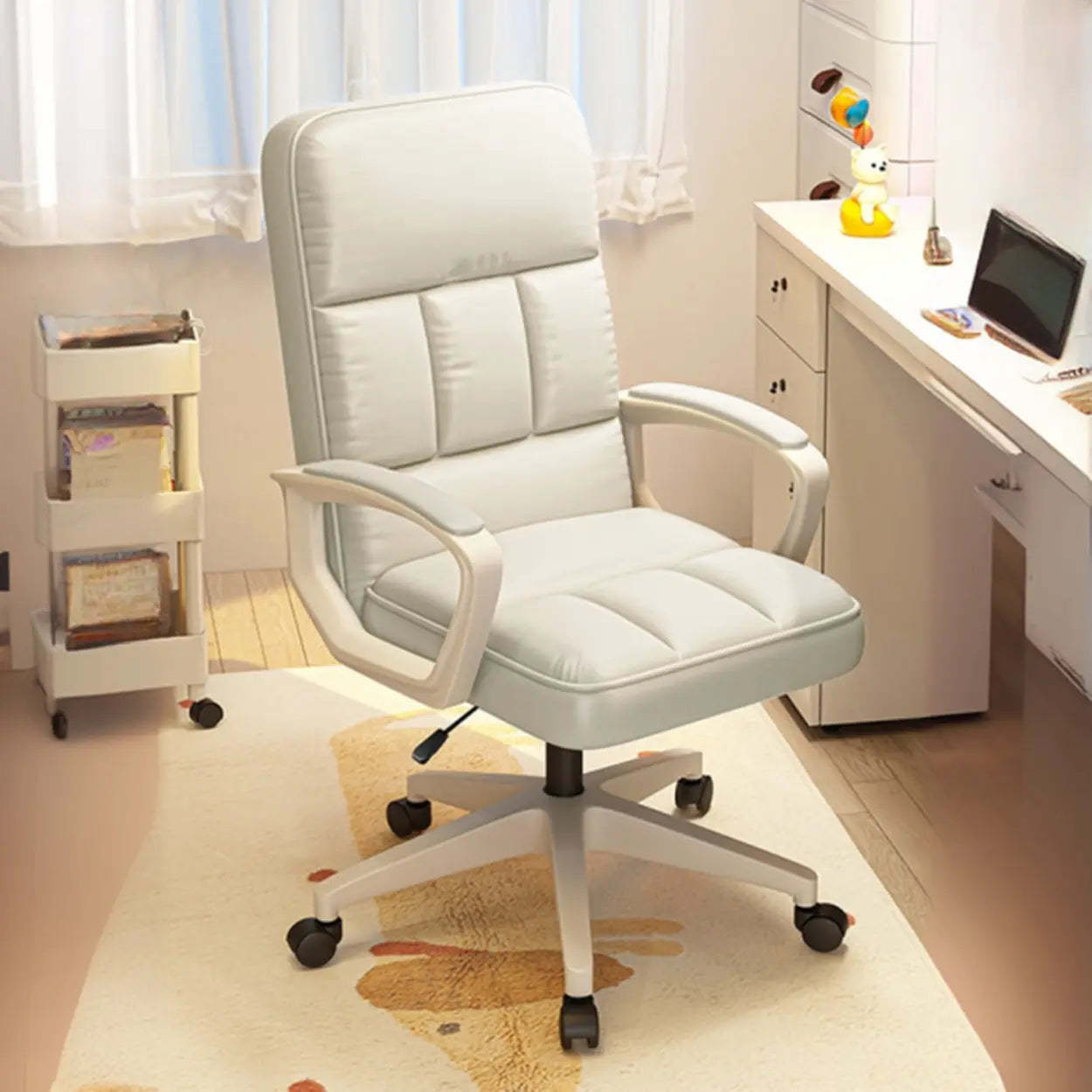 Adjustable White Ergonomic Calfskin Office Chair with Wheels — White / 3-Stage Gas Lift / With Headrest