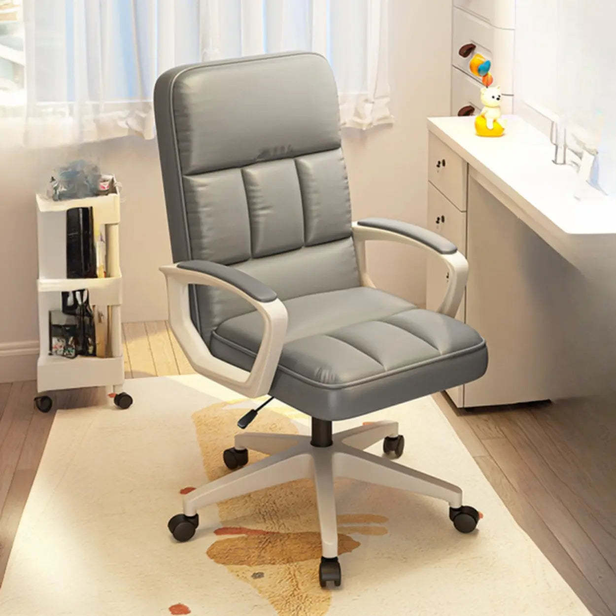 Adjustable White Ergonomic Calfskin Office Chair with Wheels — Grey / 3-Stage Gas Lift / With Headrest