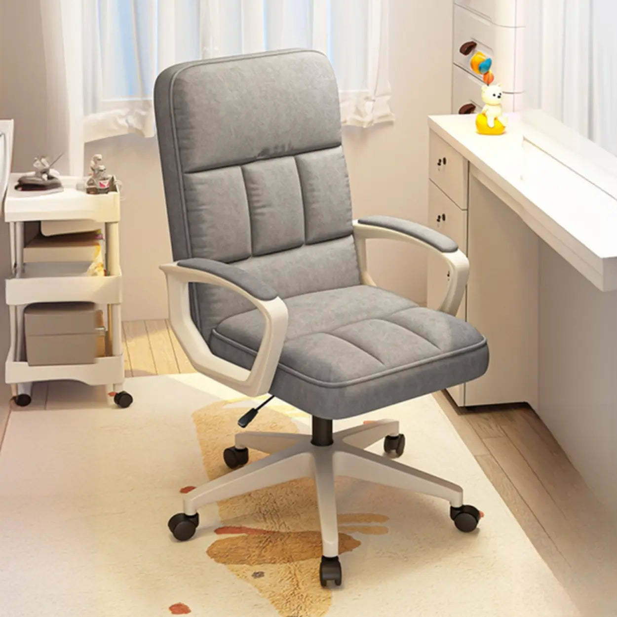 Adjustable White Ergonomic Calfskin Office Chair with Wheels — Heather Gray / 3-Stage Gas Lift / With Headrest
