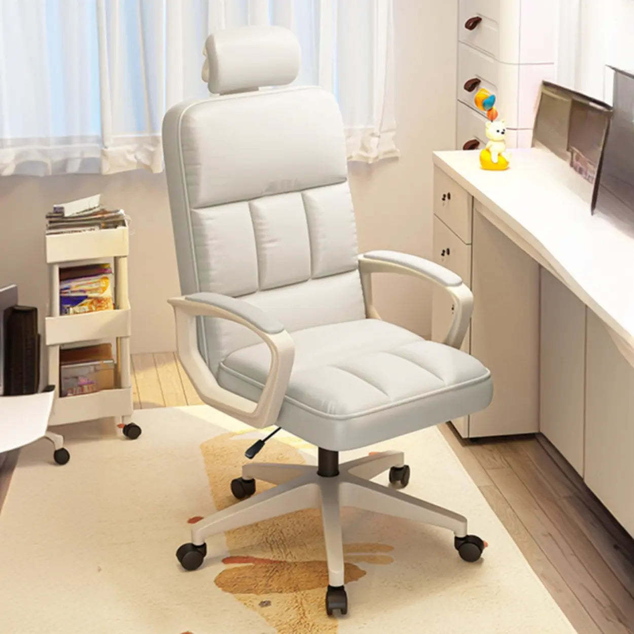 Adjustable White Ergonomic Calfskin Office Chair with Wheels