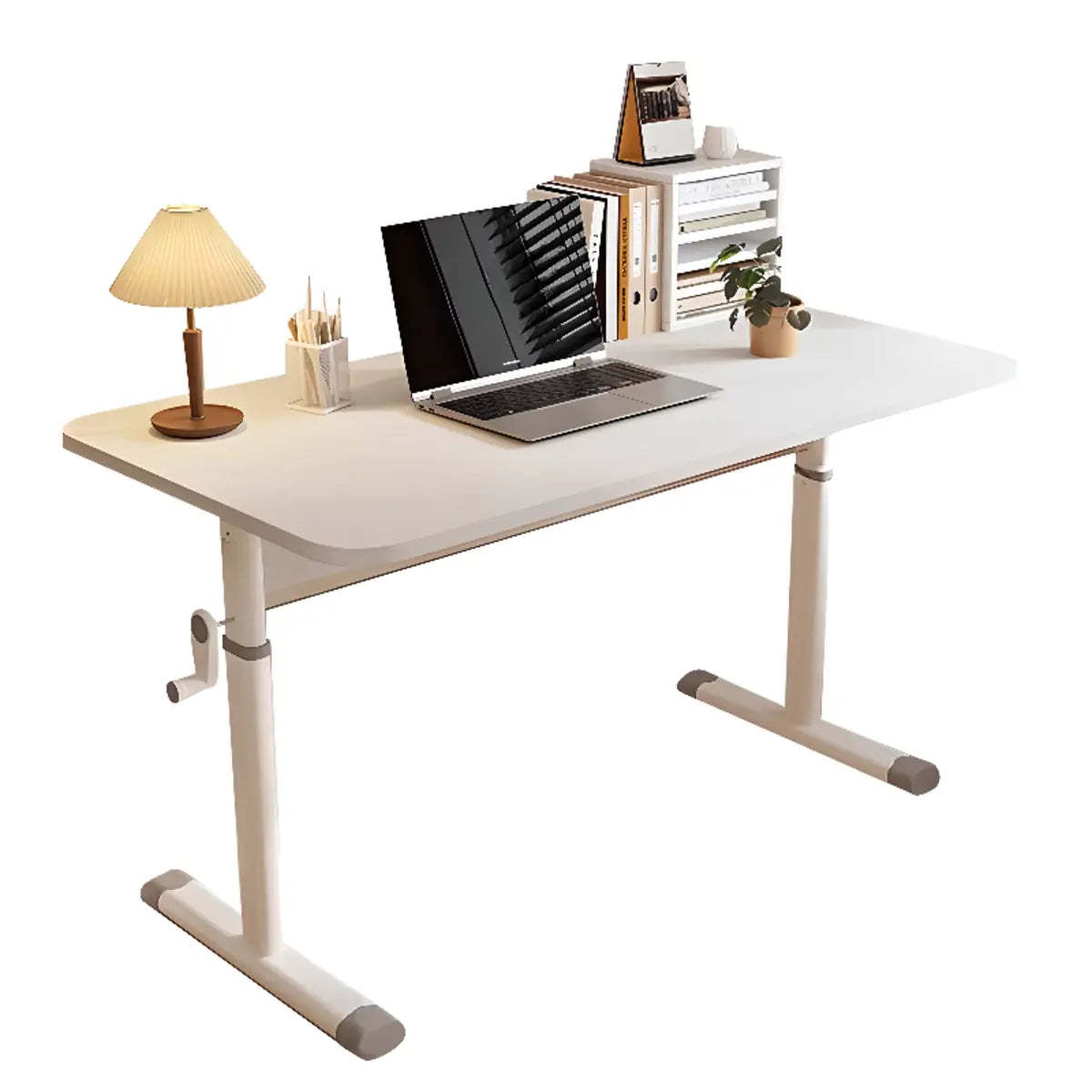 Adjustable White Wood T-Shape Writing Desk — Grey / Without Chairs