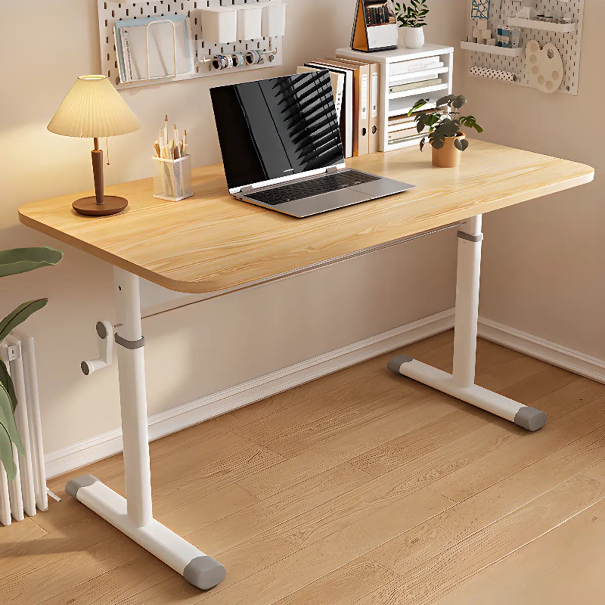 Adjustable White Wood T-Shape Writing Desk — Natural / Without Chairs