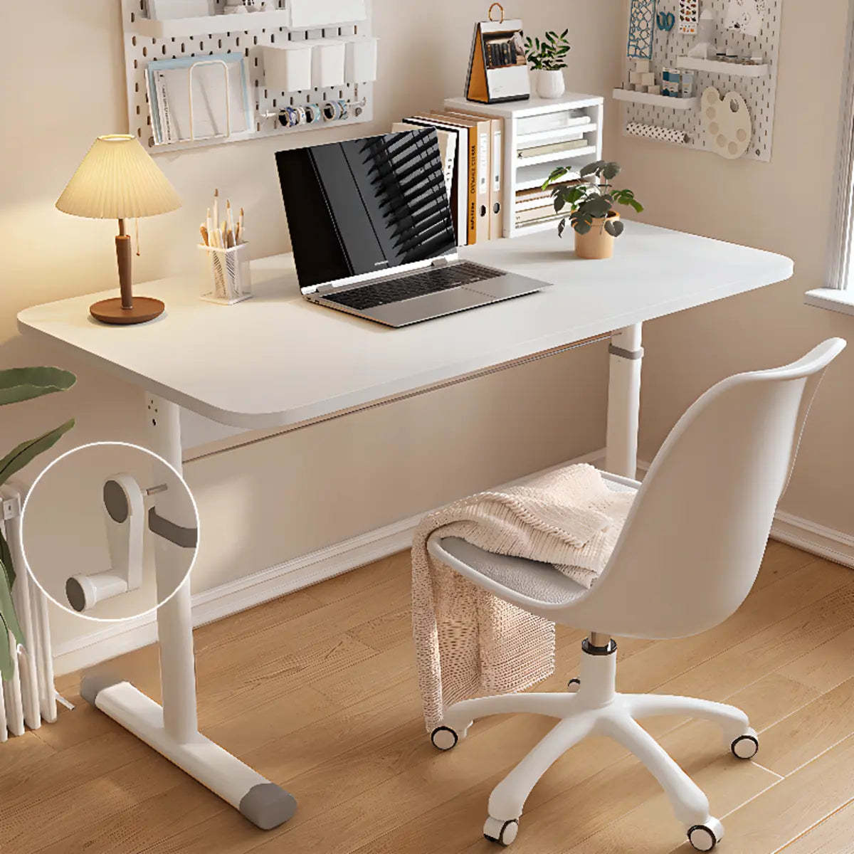 Adjustable White Wood T-Shape Writing Desk — Grey / Without Chairs
