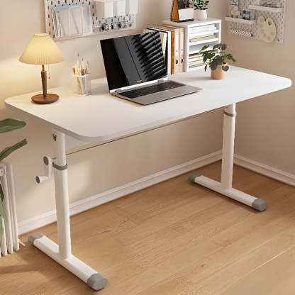 Adjustable White Wood T-Shape Writing Desk — White / Without Chairs