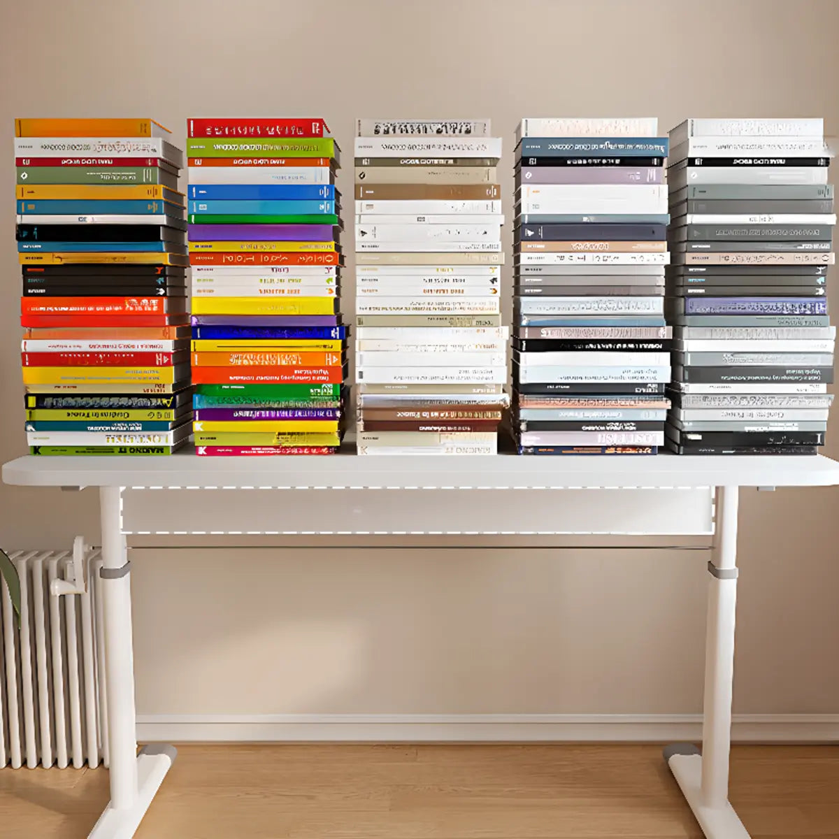 Adjustable White Wood T-Shape Writing Desk — Grey / Without Chairs