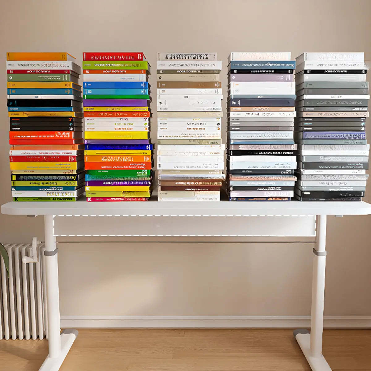 Adjustable White Wood T-Shape Writing Desk — Grey / Without Chairs