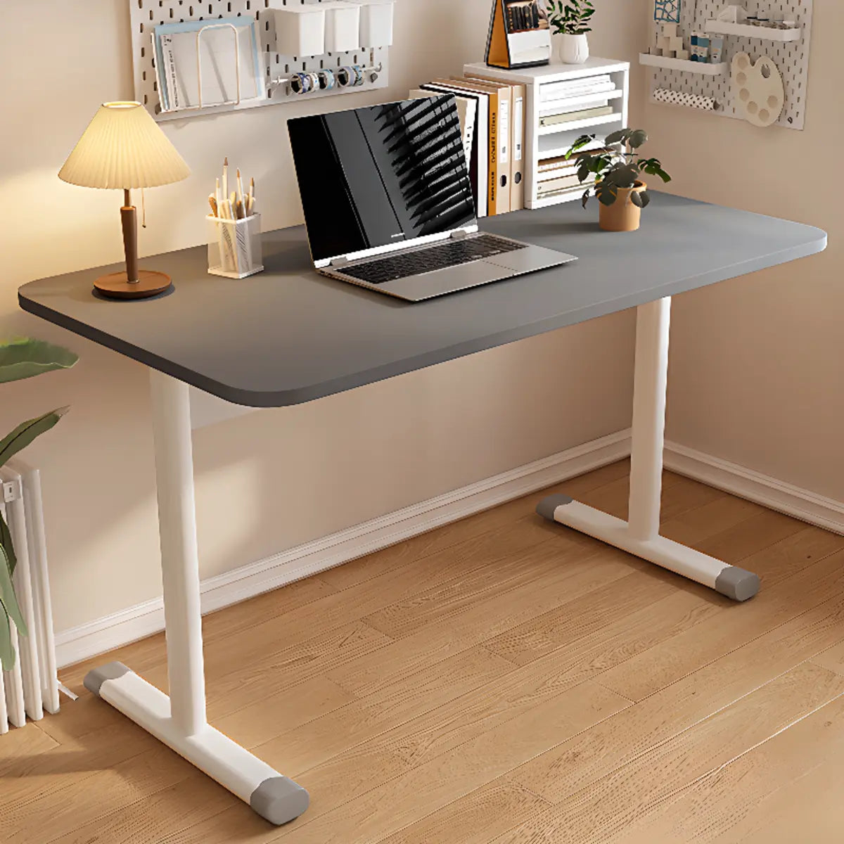Adjustable White Wood T-Shape Writing Desk — Natural / Without Chairs