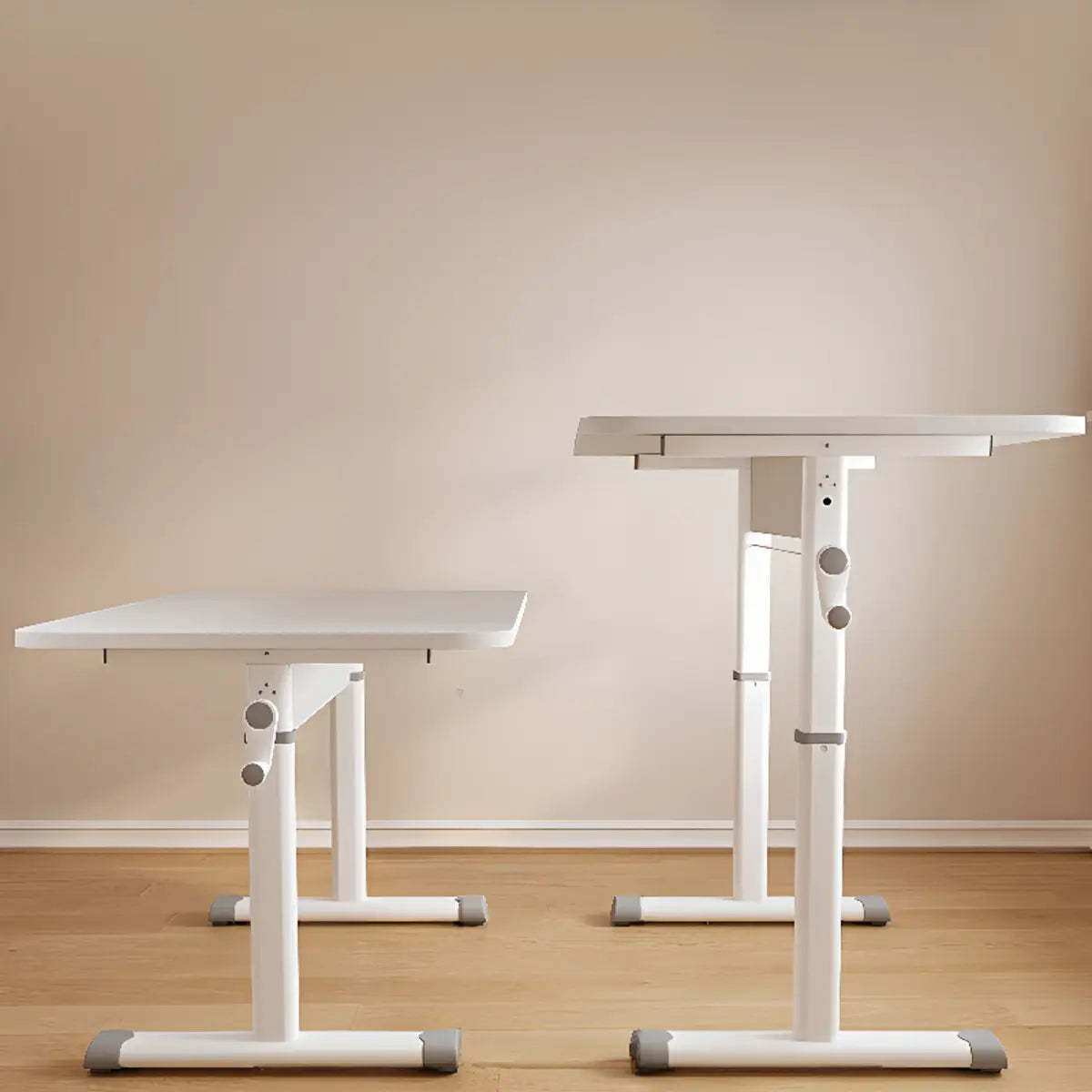 Adjustable White Wood T-Shape Writing Desk — White / Without Chairs