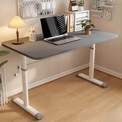 Adjustable White Wood T-Shape Writing Desk — Grey / Without Chairs