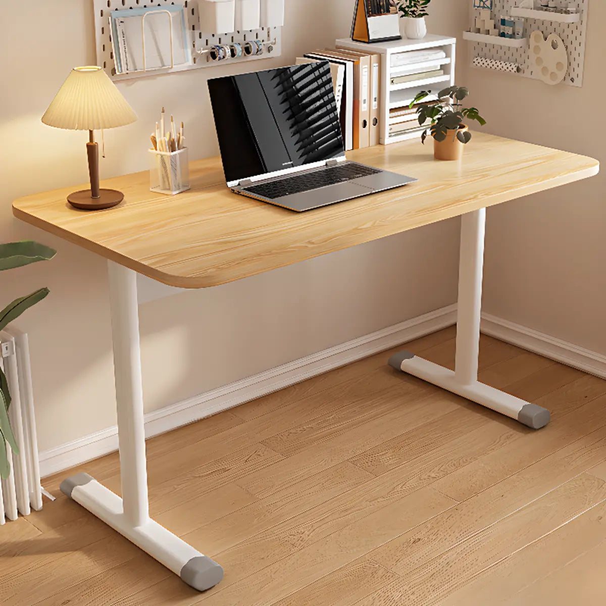 Adjustable White Wood T-Shape Writing Desk — White / Without Chairs