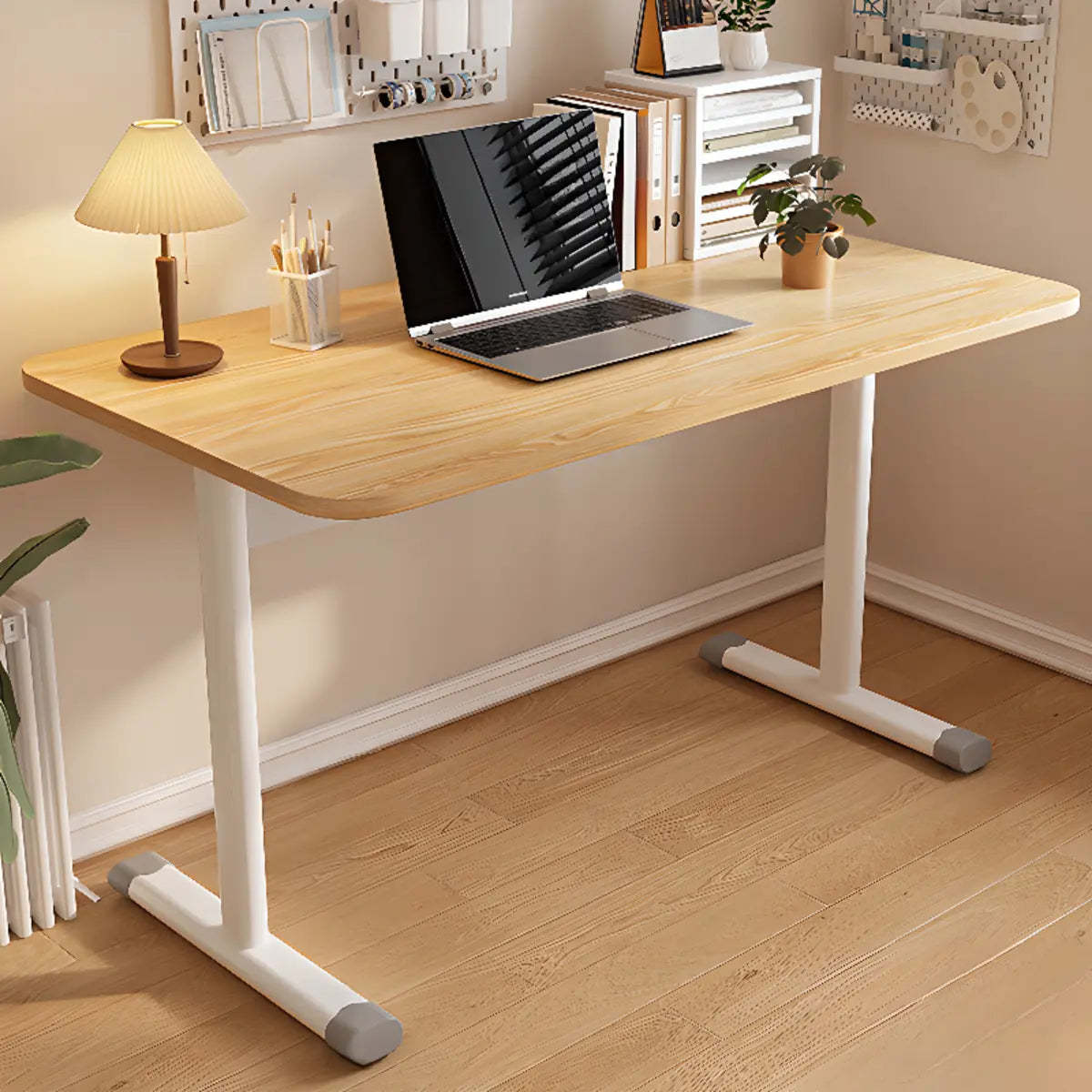 Adjustable White Wood T-Shape Writing Desk — White / Without Chairs