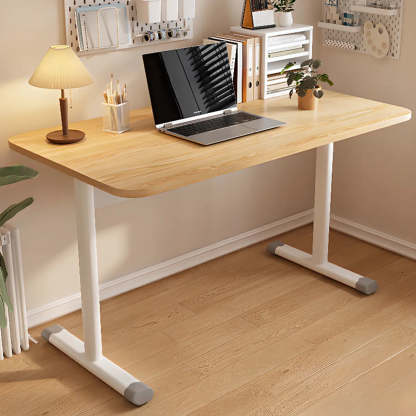 Adjustable White Wood T-Shape Writing Desk — White / Without Chairs