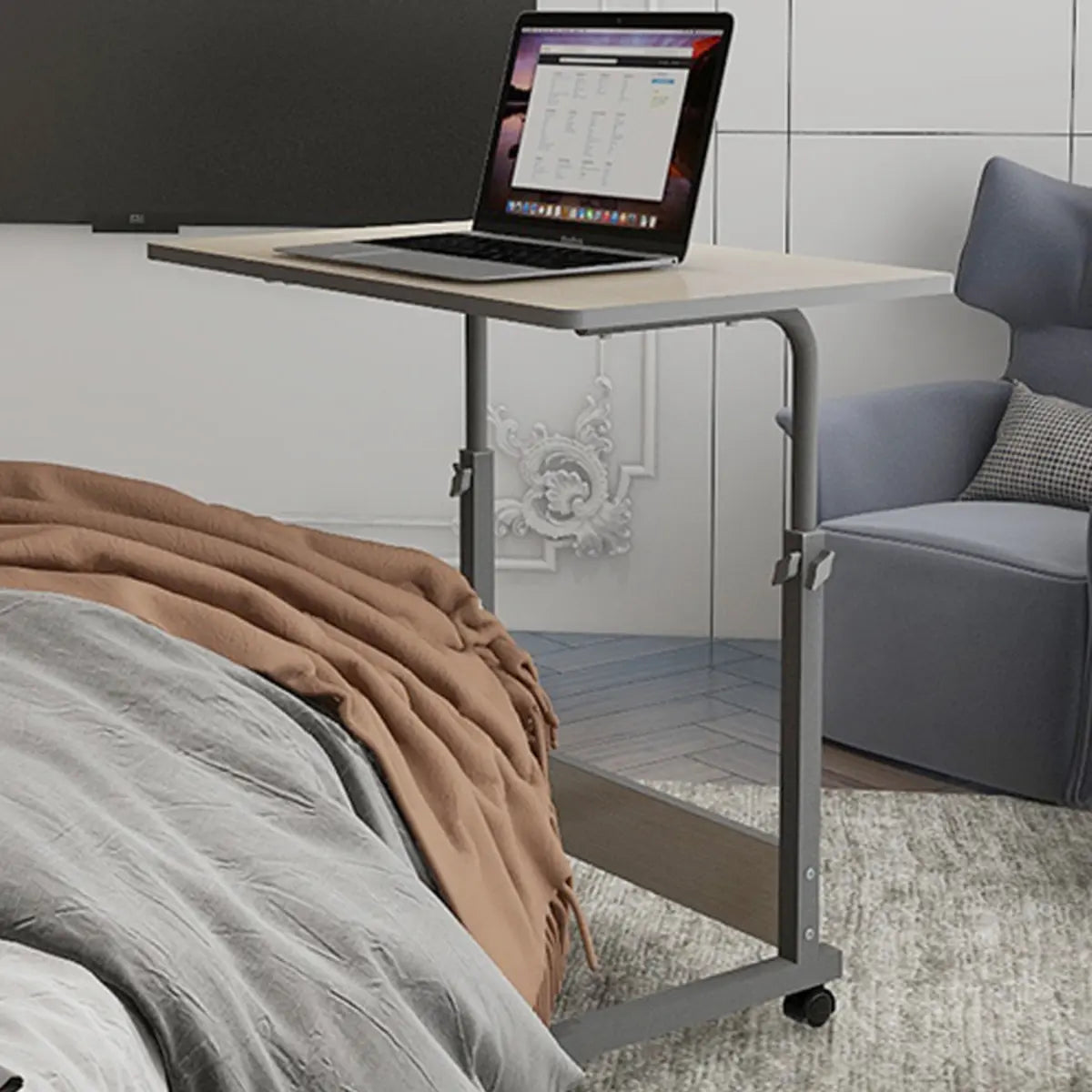 Adjustable White Mobile Wood Standing Desk — White / Without Chairs